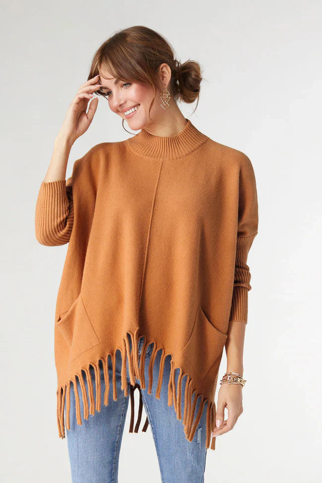 Heavenly-Luxe Flowy Mock Neck Fringe Sweater - Camel