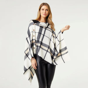 Adela Supersoft Plaid Poncho with Buttons - Cream/Black (one size)