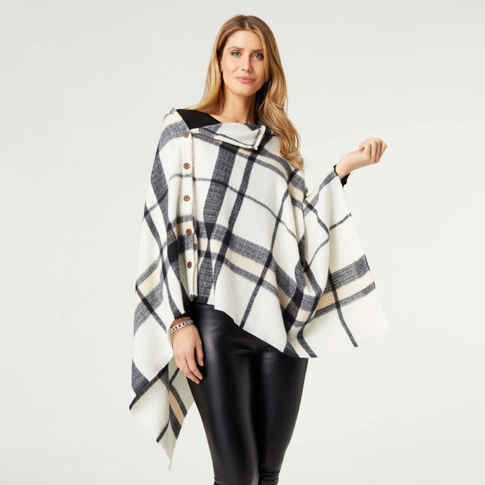 Adela Supersoft Plaid Poncho with Buttons - Cream/Black (one size)