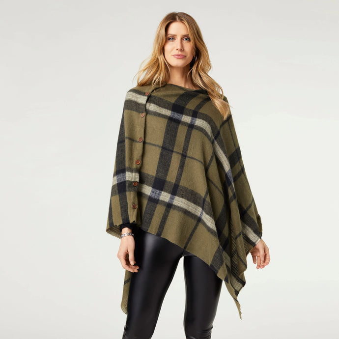 Adela Supersoft Plaid Poncho with Buttons - Olive/Black (one size)