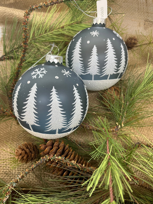 Blue Glass Ornament with Snow & Trees