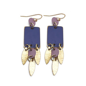 Brass Patina Earrings - Square Purple Tassle