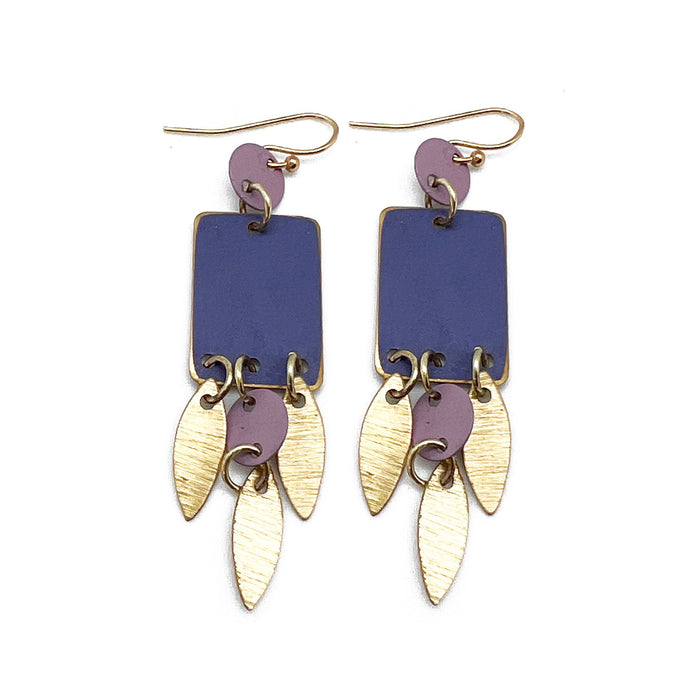 Brass Patina Earrings - Square Purple Tassle