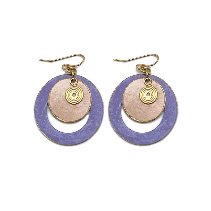 Brass Patina Earrings - Round Cut Out Purple Layers