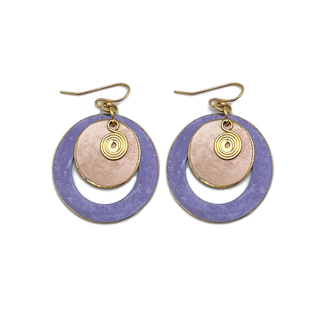 Brass Patina Earrings - Round Cut Out Purple Layers