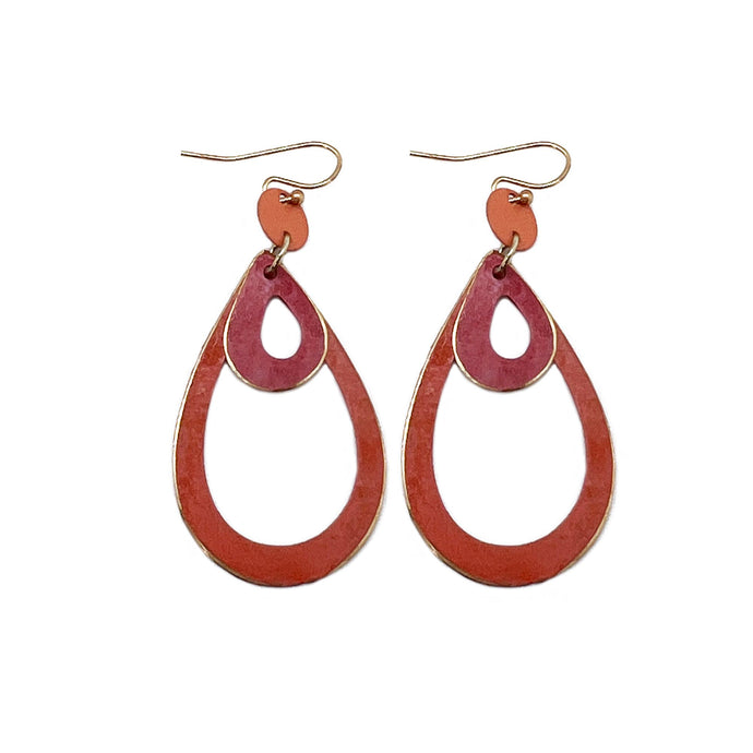 Brass Patina Earrings - Red & Orange Abstract Teardrops