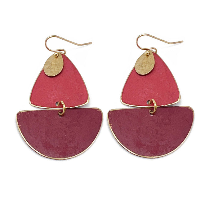 Brass Patina Earrings - Pink Abstract Shapes