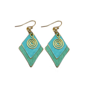 Brass Patina Earrings - Green & Blue Layered Diamonds