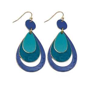 Brass Patina Earrings - Blue and Indigo Teardrop Layers