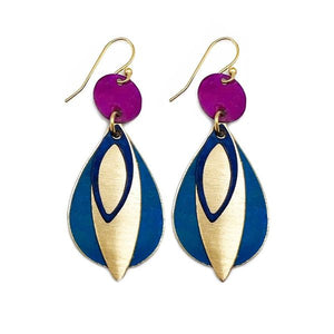 Brass Patina Earrings - Fuchsia and Blue Teardrop