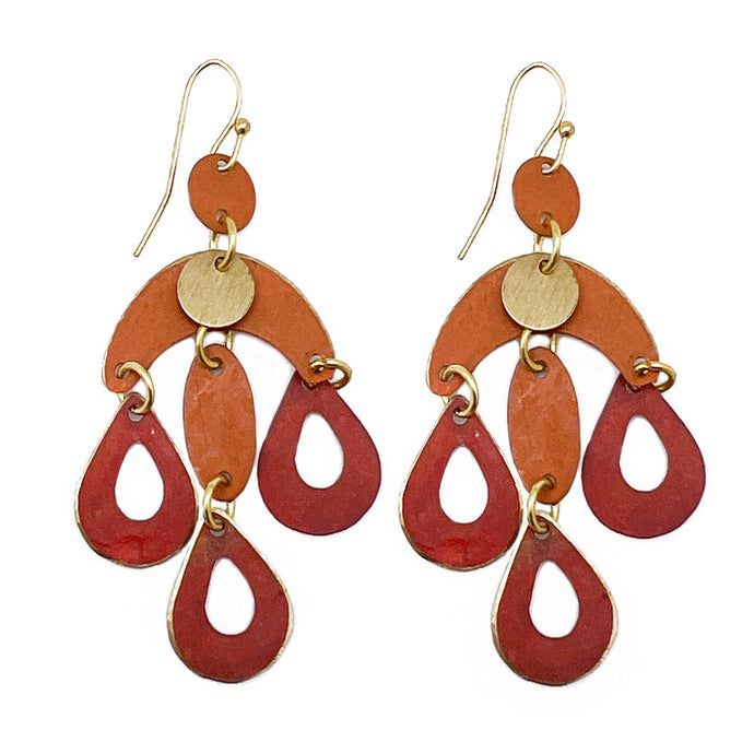 Brass Patina Earrings - Orange Abstract Dangle Teardrops