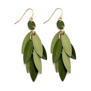 Brass Patina Earrings - Green Layered Teardrop Leaves