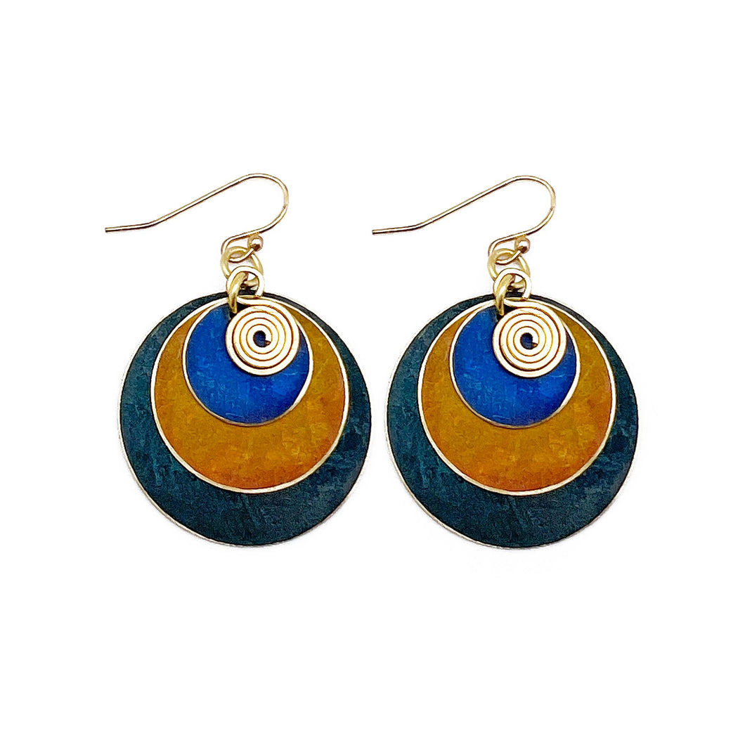 Brass Patina Earrings - Blue Hues & Orange with Swivel