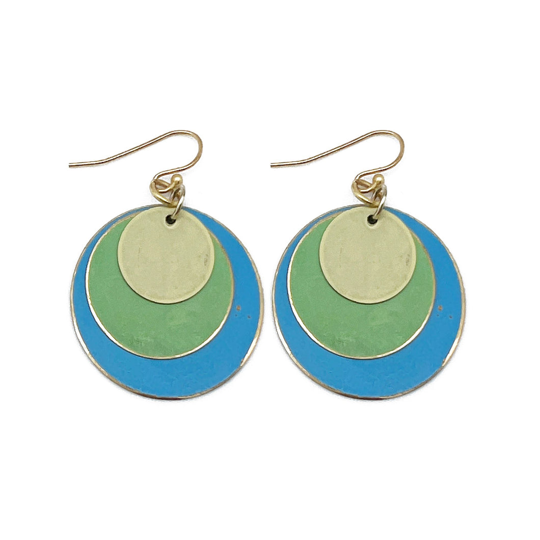 Brass Patina Earrings - Blue & Green Round Layers