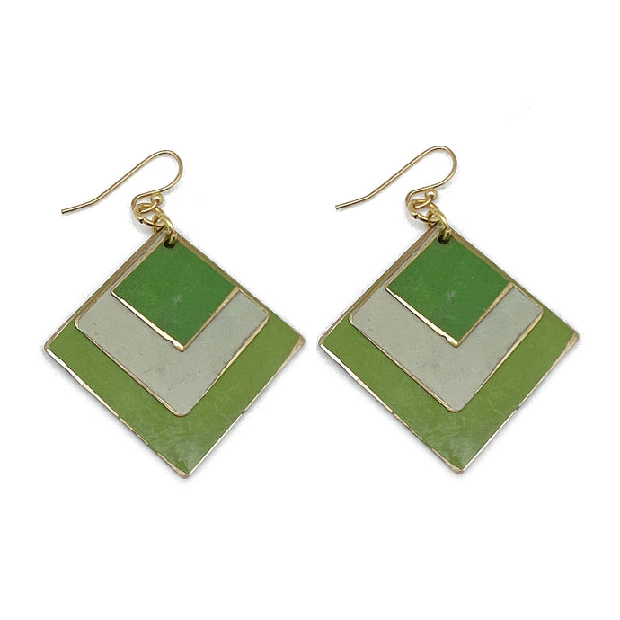 Brass Patina Earrings - Green Meadow Layered Diamonds