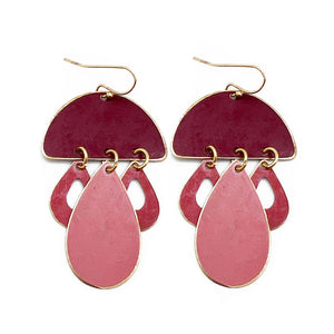 Brass Patina Earrings - Red & Pink Abstract Mushroom