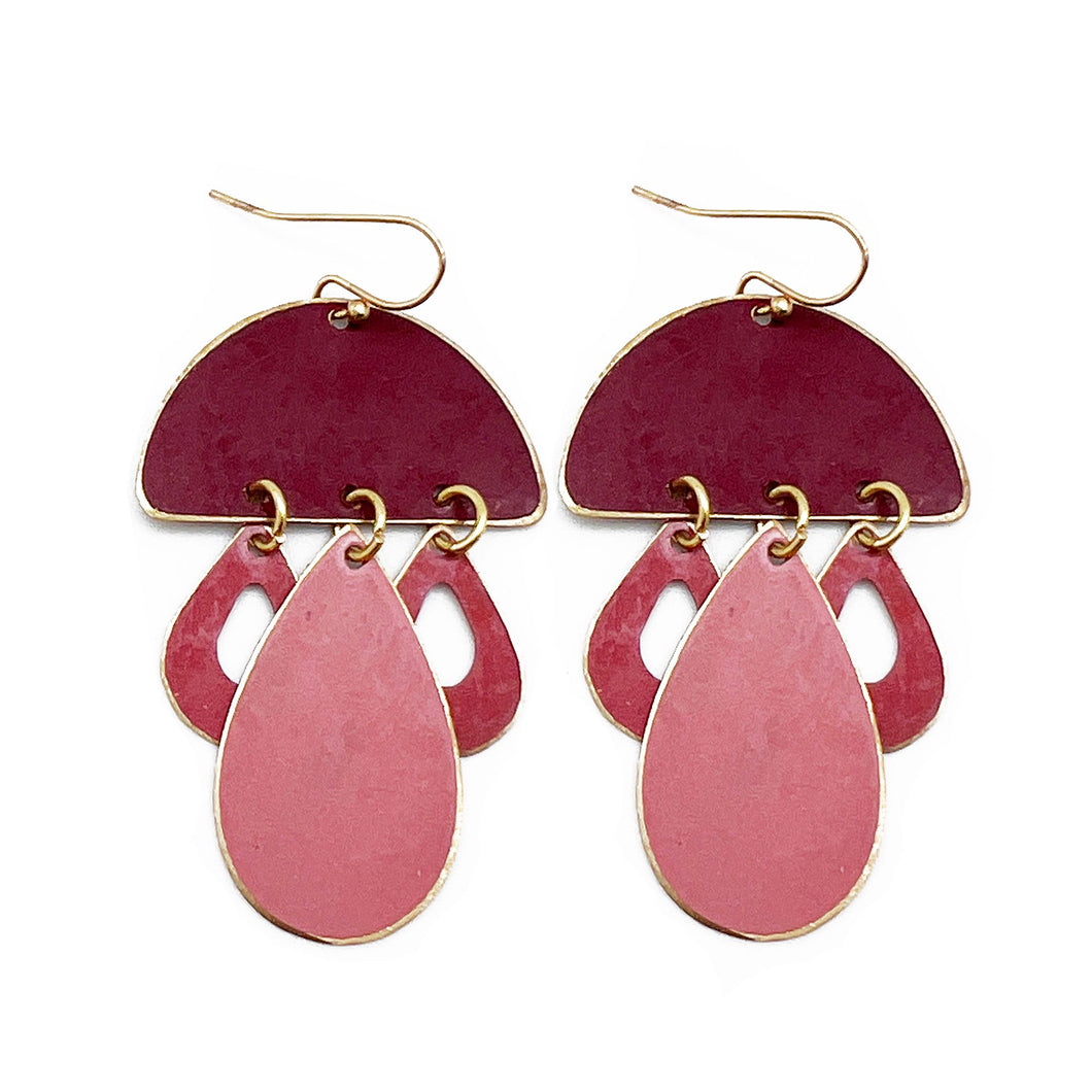 Brass Patina Earrings - Red & Pink Abstract Mushroom