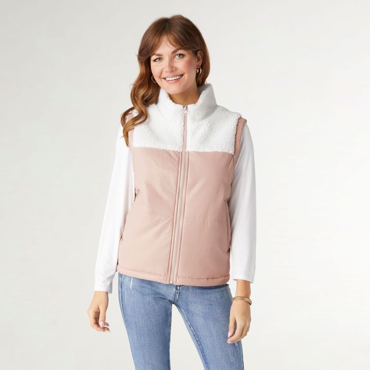 Yona Mixed Sherpa Pleather Vest Dusty Rose