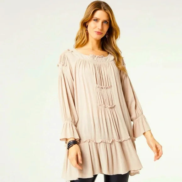 Victoria Long Sleeve Ruffle Tunic - Khaki