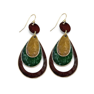 Brass Patina Earrings - Maroon Teardrop